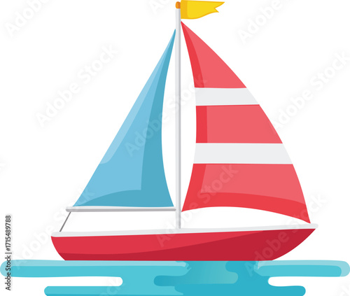 A cute, cartoon sailboat with a red and white sail on the water. A simple vector illustration for travel, sea, and summer vacation concepts. Generative AI