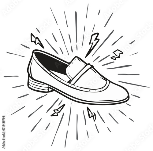 Sketch of elegant woman shoe surrounded by lightnings and rays. Concept for fast style.