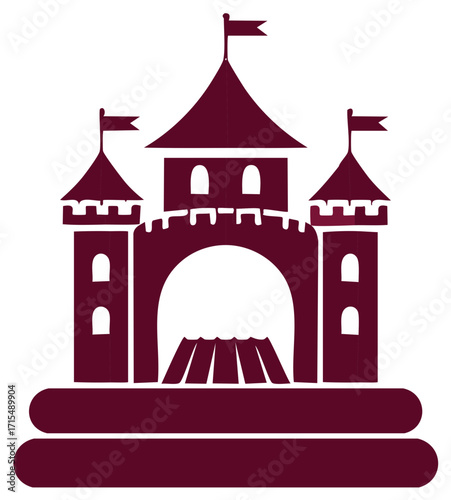 Maroon castle silhouette with towers and flags on a white background