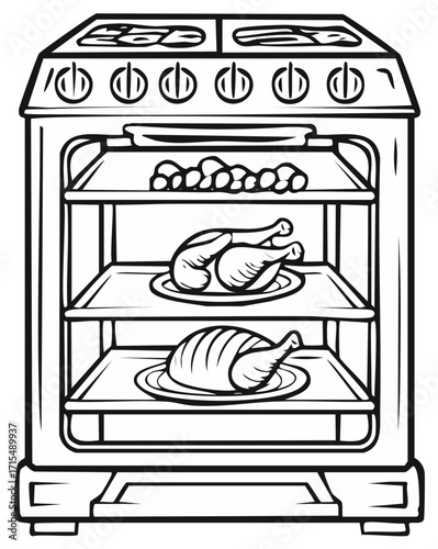 Outline Illustration of Oven with Roasting Chicken and Meatballs for Festive Holiday Dinner