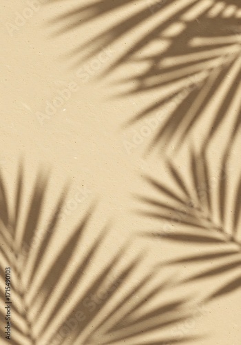 Shadows of palm leaves cast on a textured beige surface, evoking a tropical and serene atmosphere.