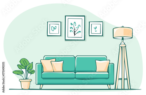 Cozy home interior illustration featuring a teal sofa, framed art, houseplant, and a stylish floor lamp against a light green wall.