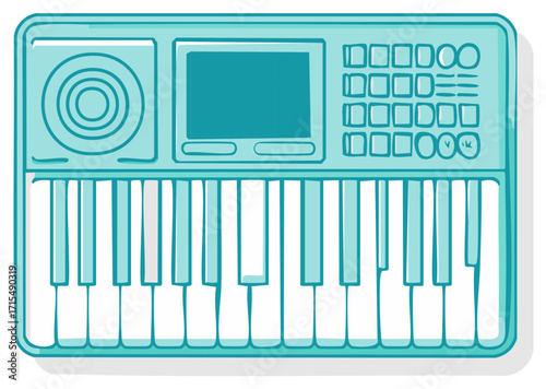 Teal electronic keyboard with screen and buttons for music production and entertainment