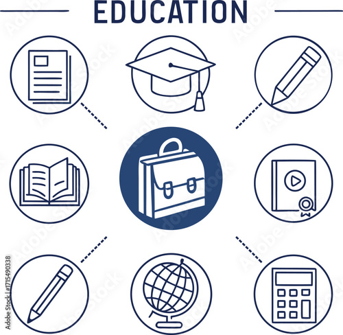 A Complete Set of Education and Learning Icons School and University Symbols for Study and Knowledge