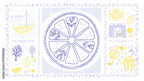 Whimsical citrus stamp collection evokes summer vibes and seaside adventures with delightful doodles
