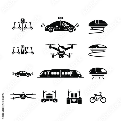 Vector icons of future transportation methods, including autonomous cars, electric scooters, drones, high-speed trains, and delivery robots, symbolizing smart urban mobility