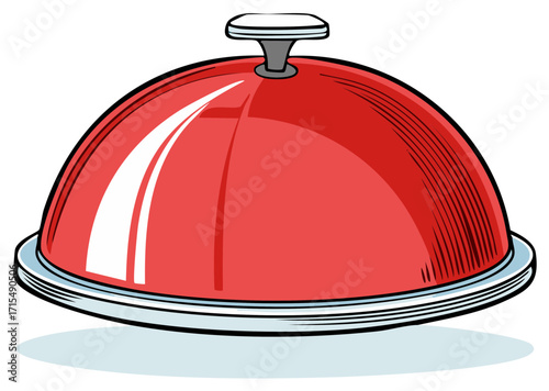 Cartoon illustration of a domed food server with red lid, plate, and simple rendering isolated on white