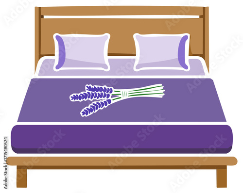 Bed with pillows and lavender bouquet, illustration.