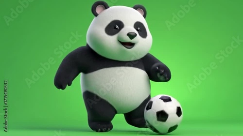 Cartoon panda character joyfully playing soccer on a vibrant green background