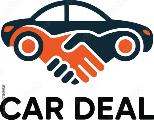 Automotive Dealership Logo with Hands Shaking Over Car. A simple, modern logo design featuring a car with two hands shaking above it.