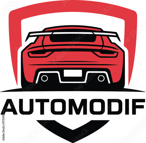 Red sports car logo for an automotive modification company. A bold, stylized logo featuring the rear view of a red sports car within a shield-shaped design.