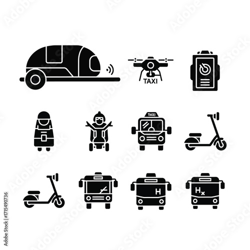 Transportation Icons Futuristic vehicles, drones, and personal mobility devices for future concepts