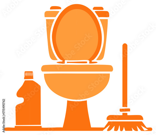 Orange Toilet, Cleaning Bottle, and Broom Flat Icon for Bathroom Hygiene and Sanitation