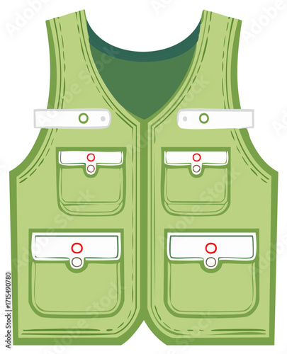 Green fishing vest illustration with utility pockets for outdoor adventure and hiking