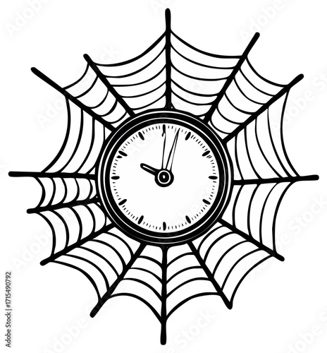 Clock entangled in a spider web symbolizing trapped time or an approaching deadline illustration