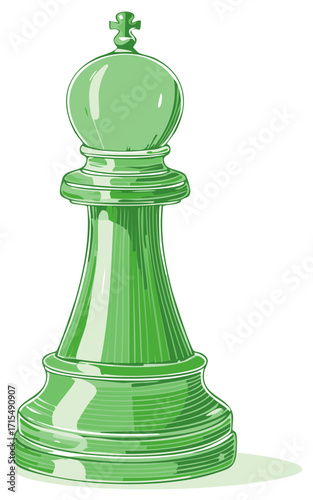 Green chess bishop illustration, geometric design, classic game piece.