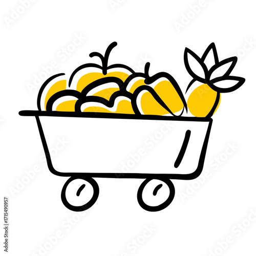 Wheelbarrow filled with fresh fruits in hand-drawn style  