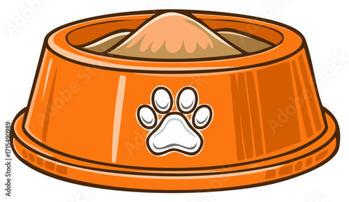 Vibrant Orange Dog Bowl Filled with Dry Food, Featuring a Paw Print Graphic for Pet Supplies Illustrations