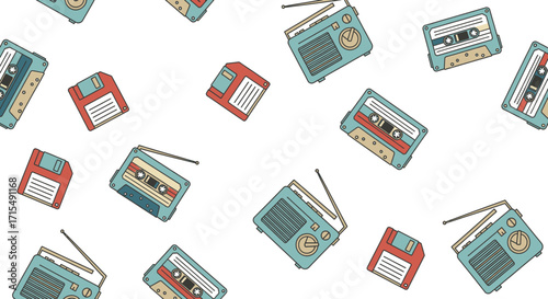 Retro technology icons, including cassette tapes, radios, and floppy disks, arranged in a seamless pattern on a white background.