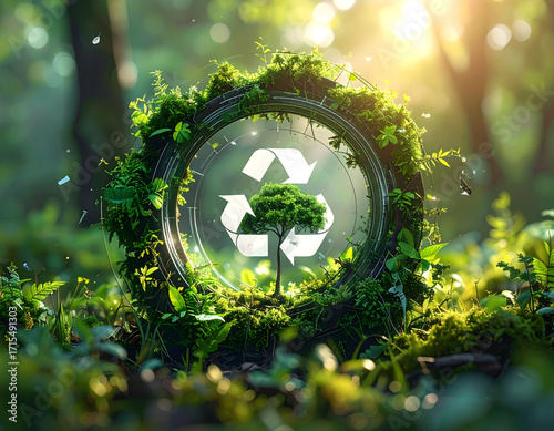 Circular economy principles inspire sustainable growth with green plants and recycling symbol natural environment glowing with