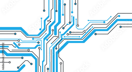An abstract illustration of interconnected blue and black lines resembling a circuit board or network diagram on a white background.