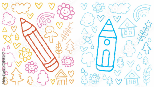 Whimsical crayon drawings of happy nature, homes, and playful clouds spark childhood imagination and creativity