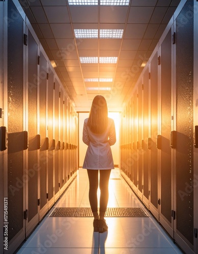 Wallpaper Mural Technician standing in data center with warm sunset light streaming in Torontodigital.ca