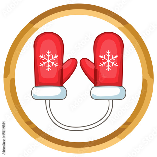 Red winter mittens with snowflakes inside of a golden circle