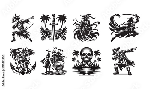 Eight Bundle Black and White Pirate Illustrations with Skulls, Ships, and Tropical Elements skeleton