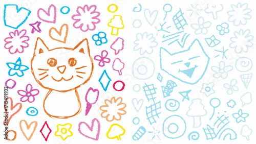 Adorable crayon drawn cat surrounded by playful hearts, flowers, and whimsical shapes in bright colors