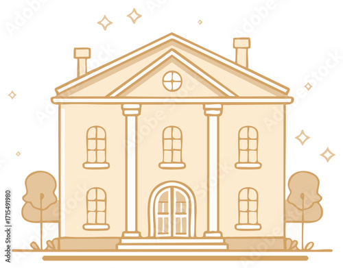 Stylized Building Illustration with Columns Arch Doorway and Trees Design Element for Infographics Stationary and Presentation
