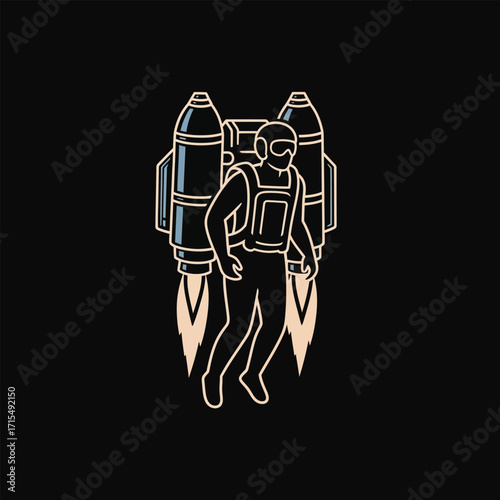 Dynamic illustration of a person soaring skyward with a powerful jetpack, symbolizing innovation, ambition, and the thrill of advanced personal flight technology
