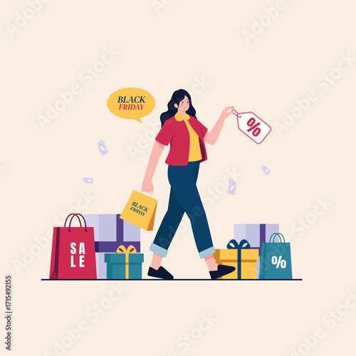 Black Friday Sale Woman Shopping with Bags and Gifts