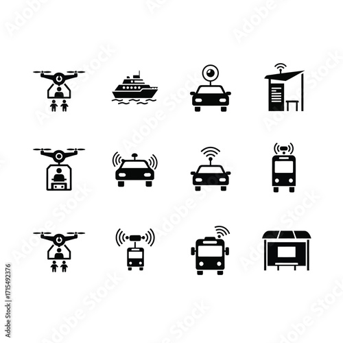 Innovative Transportation Icons Drones, Autonomous Cars, and Smart Bus Stops