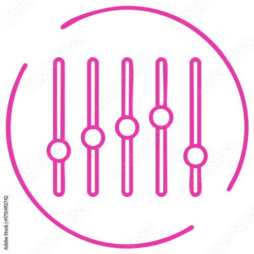 Equalizer settings icon with adjustable sliders within a pink circle, minimal style and line art, audio mixer, sound control