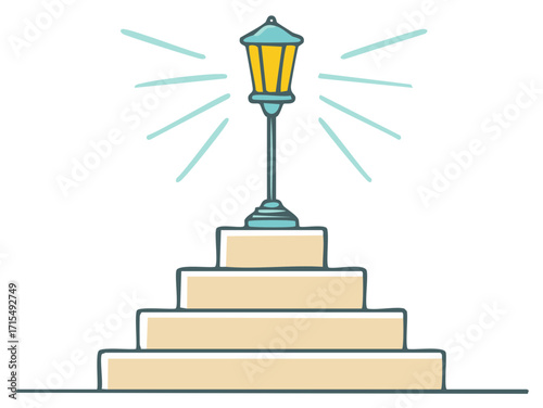 Whimsical Hand Drawn Illustration of a Glowing Lamp Post Atop a Flight of Stairs