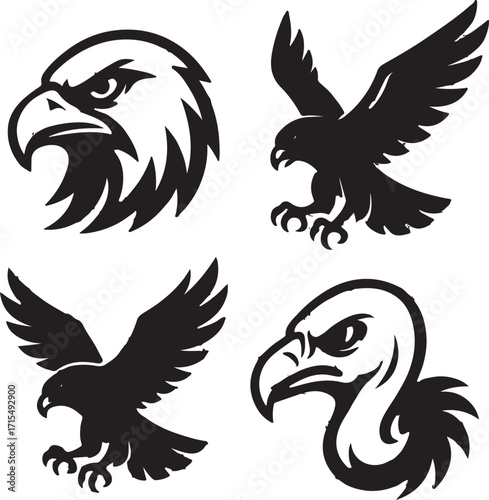 Set of cartoon vector illustrations of an eagle with wings flying