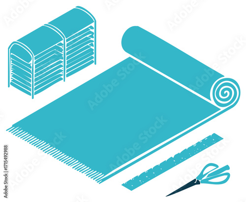 Isometric Illustration of Towels Ruler and Scissors for Laundry and Crafting