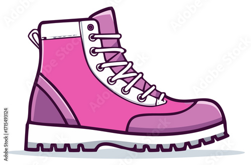 Vibrant pink hiking boot illustration a cheerful cartoon vector with white laces and thick sole for outdoor fun
