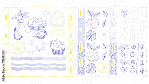 Charming hand-drawn scooter delivering fresh fruit with playful decorative elements