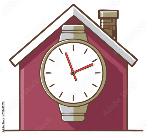 House with Watch Illustration. Time Concept with Building and Clock Design. Vector Illustration
