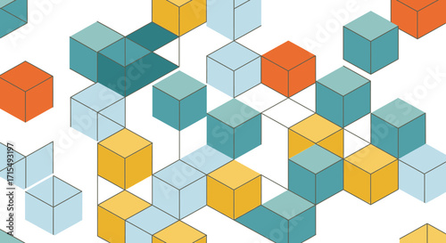 Abstract geometric pattern of interconnected cubes in teal, orange, and yellow.
