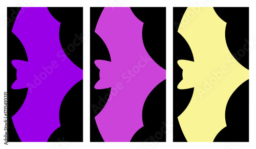 Three stylized bat silhouettes in purple, pink, and yellow against a black background, arranged vertically as a graphic design.