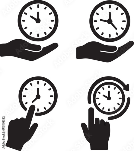 A collection of vector illustrations showing a hand holding various clocks and watches