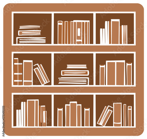 Stylized Brown Bookshelf with Books and Piles Arranged in Home Shelving