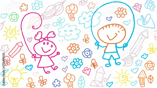Joyful children jumping rope surrounded by colorful playful elements like flowers, sun, and clouds