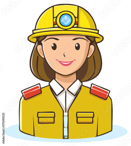 Illustration of a smiling female engineer or miner in a yellow uniform and safety helmet