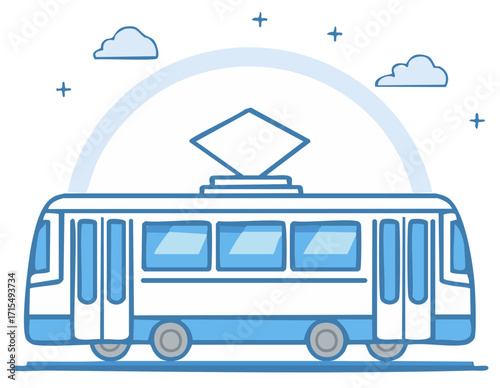 Blue and white line art illustration of a modern tram for city public transportation