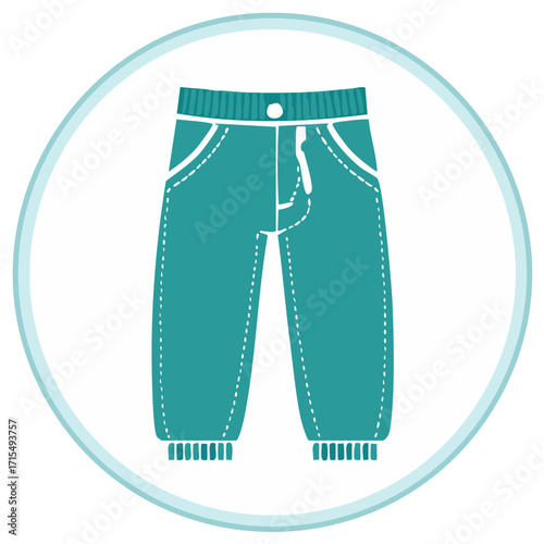 Simple illustration of teal baby pants with white stitching details inside a light blue circle