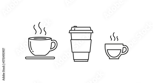 Three line art icons depicting various hot coffee and tea cups, including a traditional mug, a disposable takeaway cup, and a smaller beverage cup with steam.